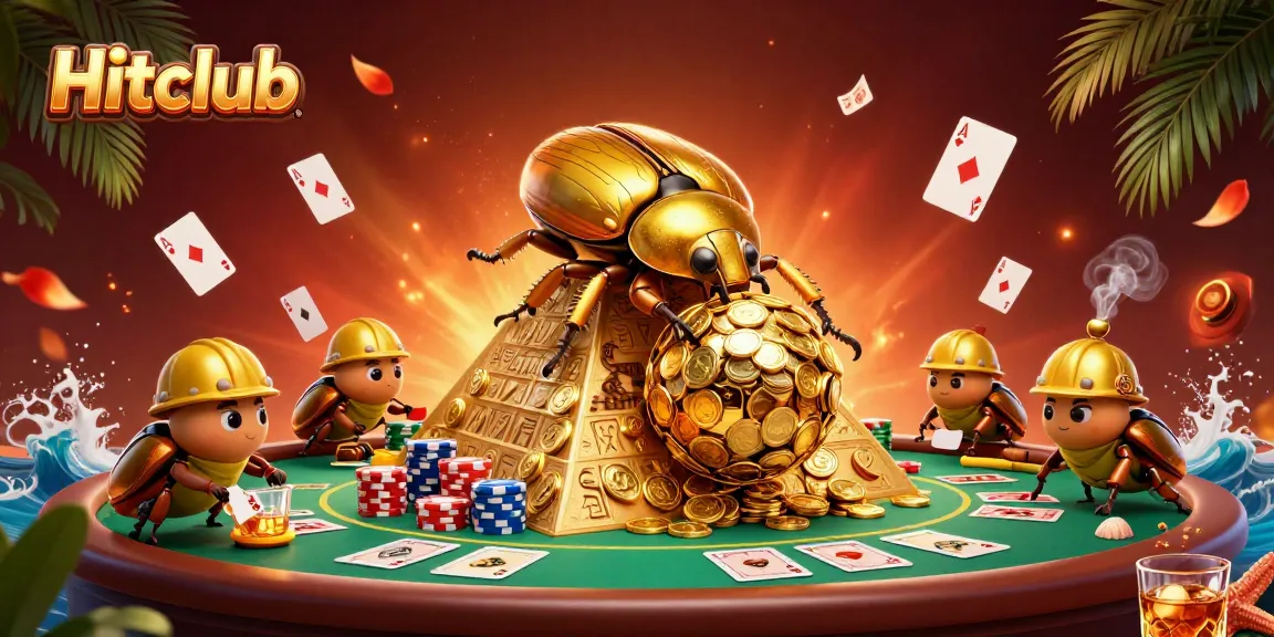 Engage with Hitclub as a golden dung beetle rolls coins, emblematic of casino success.