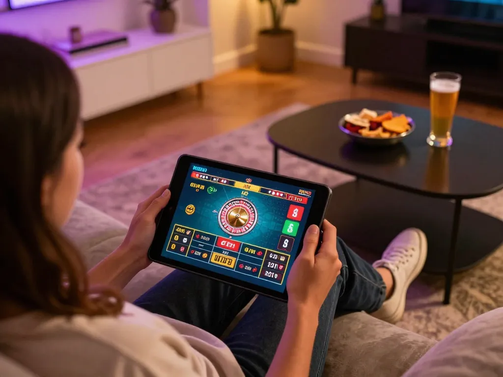 Engaged player using SHBET for online roulette, showcasing a vibrant gaming experience in a cozy setting