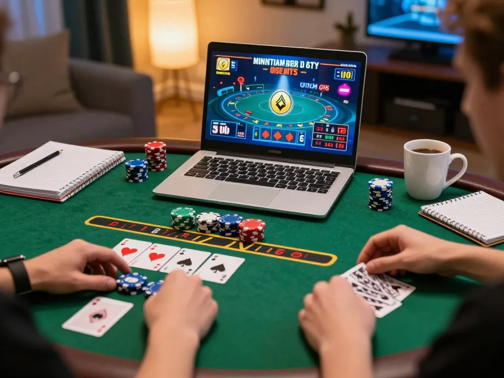 Player engaging with go88 live dealer game on laptop in a cozy home setup, surrounded by poker chips and a strategic notebook