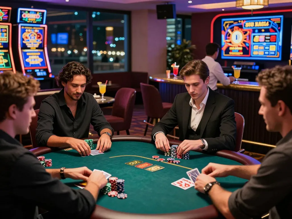 8KBET players enjoying a vibrant online gambling experience at a stylish casino table with poker chips and screens.