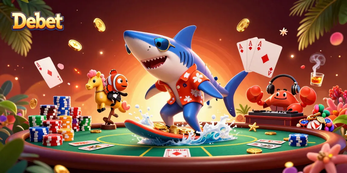 Win big with Debet as a shark surfs on gold coins at a lively casino scene.