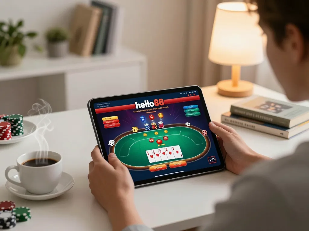 Player engaging in hello88 online gaming with vibrant tablet display, creating a warm, cozy gambling atmosphere.