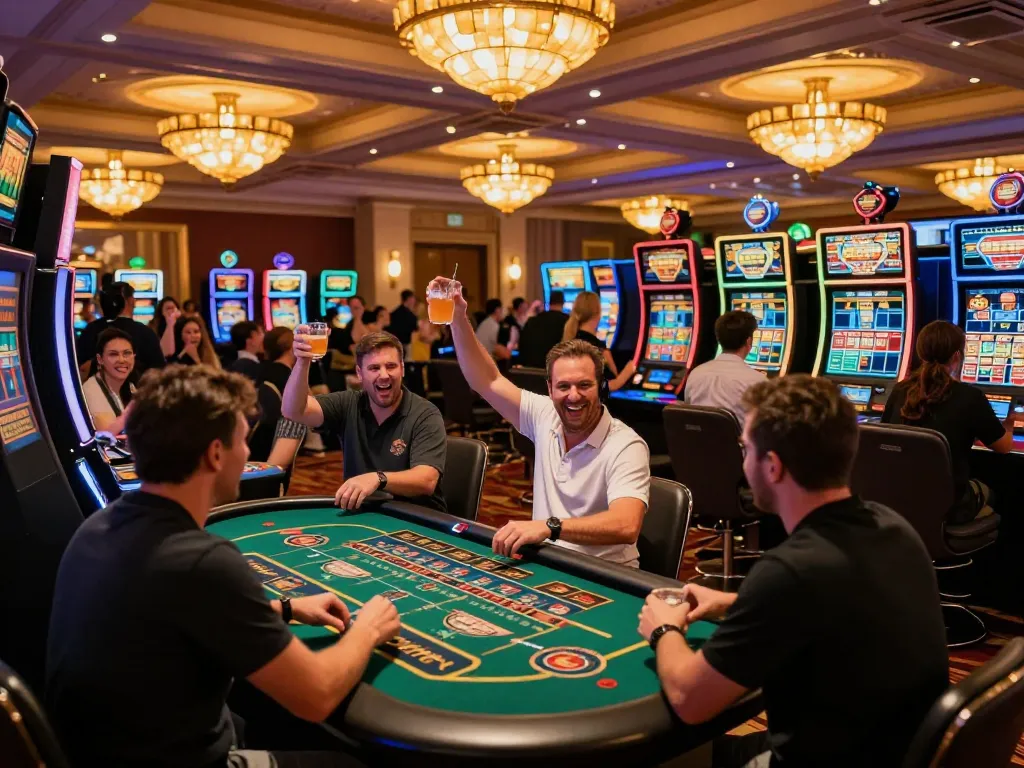 MM88 players celebrating a big win at an upscale casino, vibrant atmosphere with slot machines and tables.