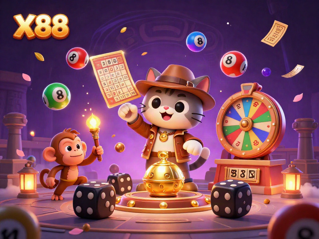 X88 features a lively 3D scene of a cat explorer and monkey companion finding a casino artifact among gambling elements.