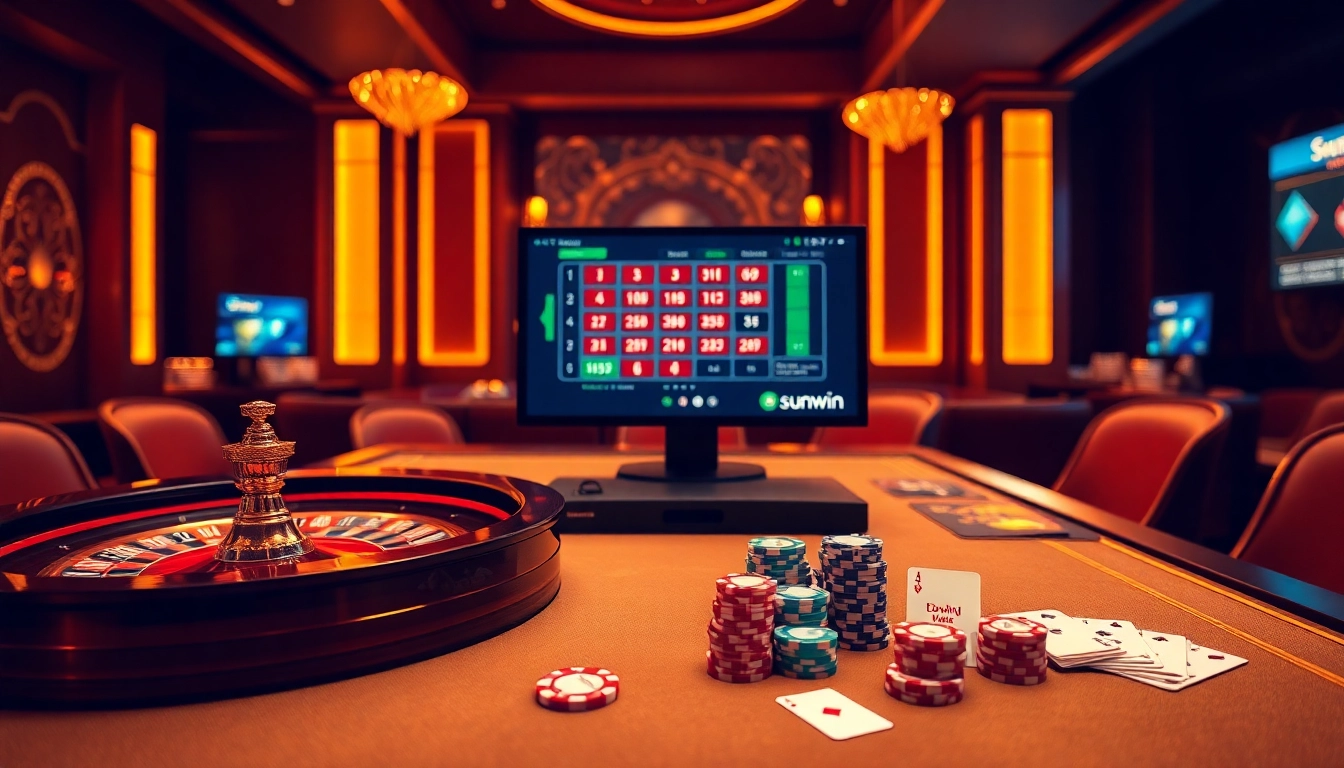 Exciting sunwin online casino experience featuring roulette, poker chips, and digital interface.
