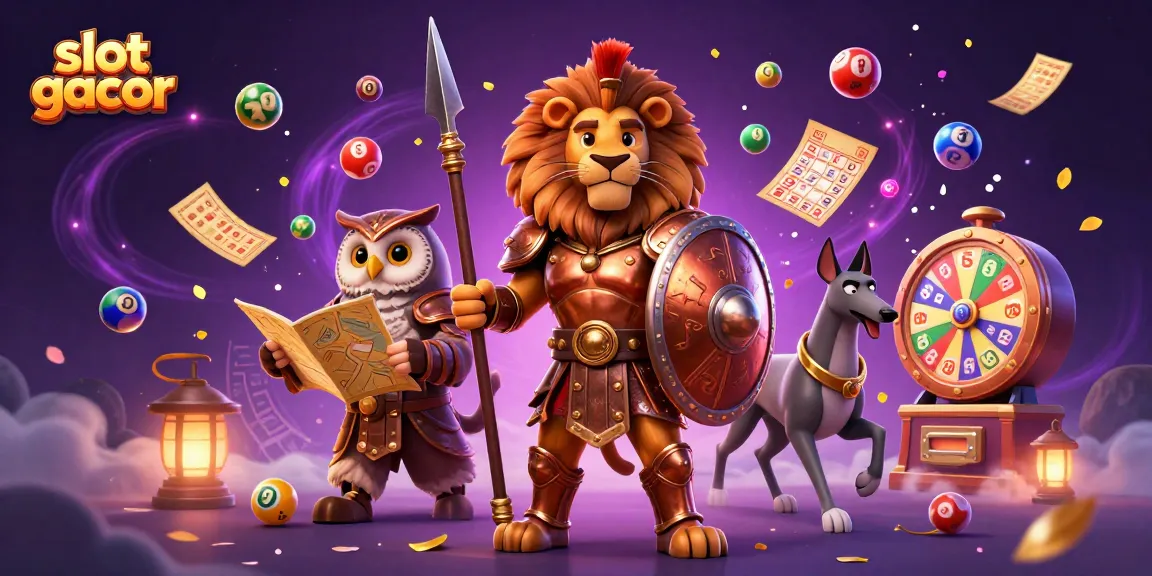Engage with slot gacor dynamics featuring a Spartan lion, an owl strategist, and vibrant casino elements.