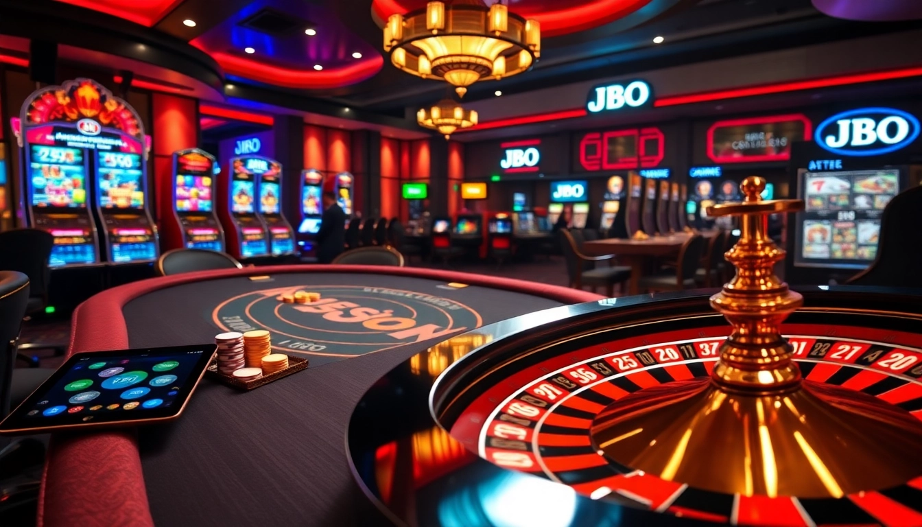 Experience high-stakes gambling at JBO chính thức with vibrant poker chips, illuminated slot machines, and a roulette wheel.