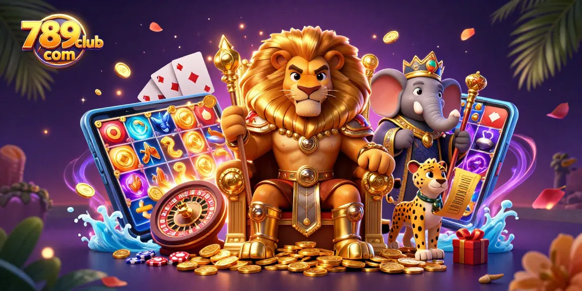 Experience thrilling games at 789club com with an energetic lion king, wise elephant, and cheetah in this vibrant casino scene.