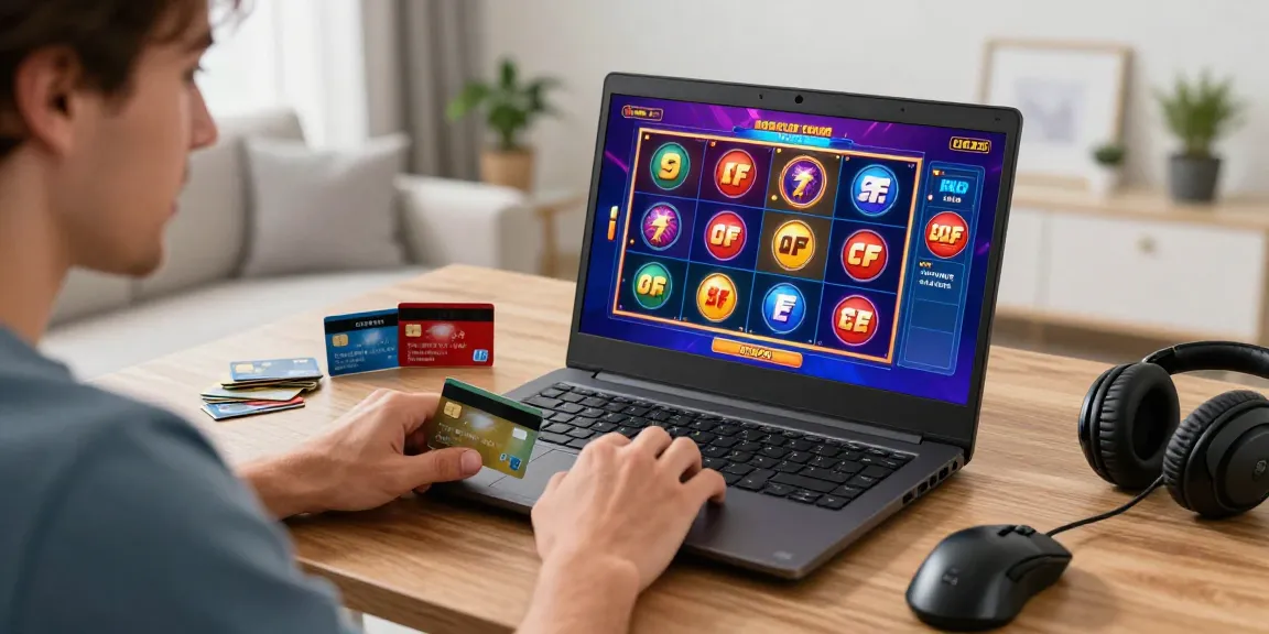 Player enjoying online gambling at casinos that accept credit cards, showcasing vibrant game graphics and various credit cards on the table.