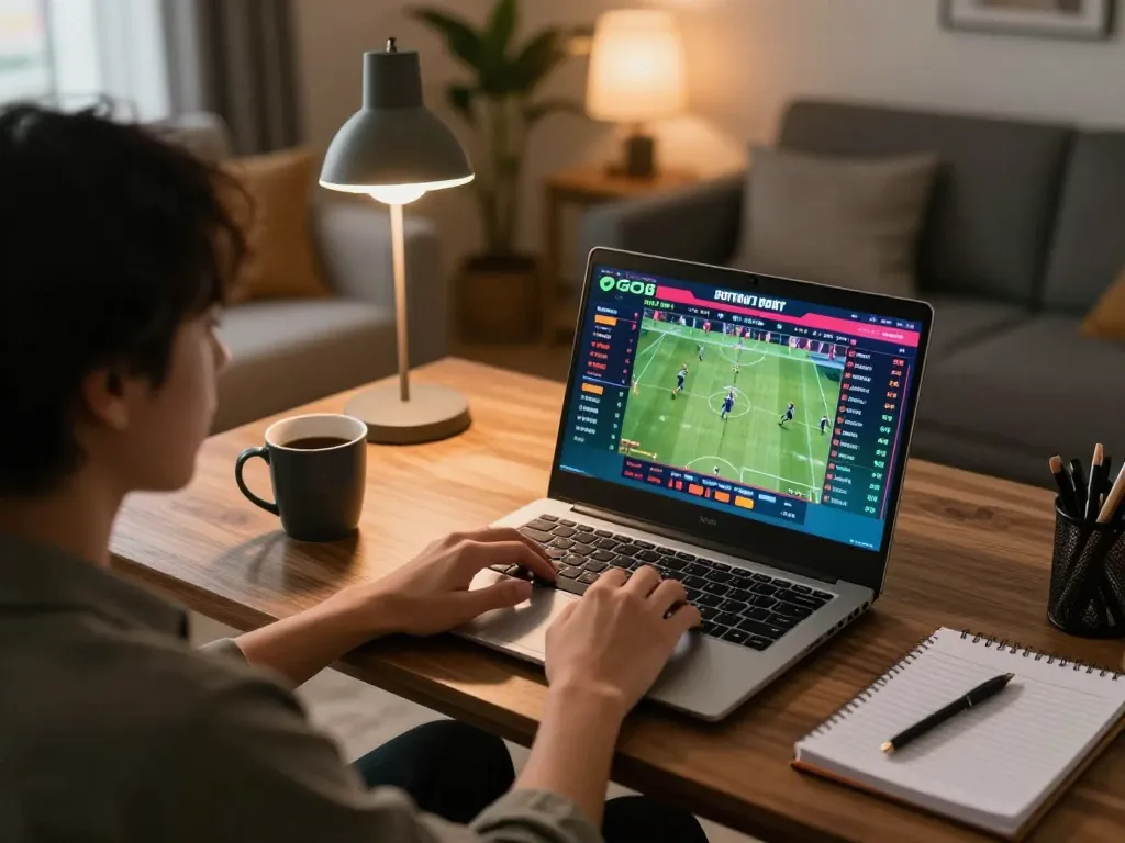 Engaging in sports betting on GO8 from a cozy home setup with laptop and live match display.