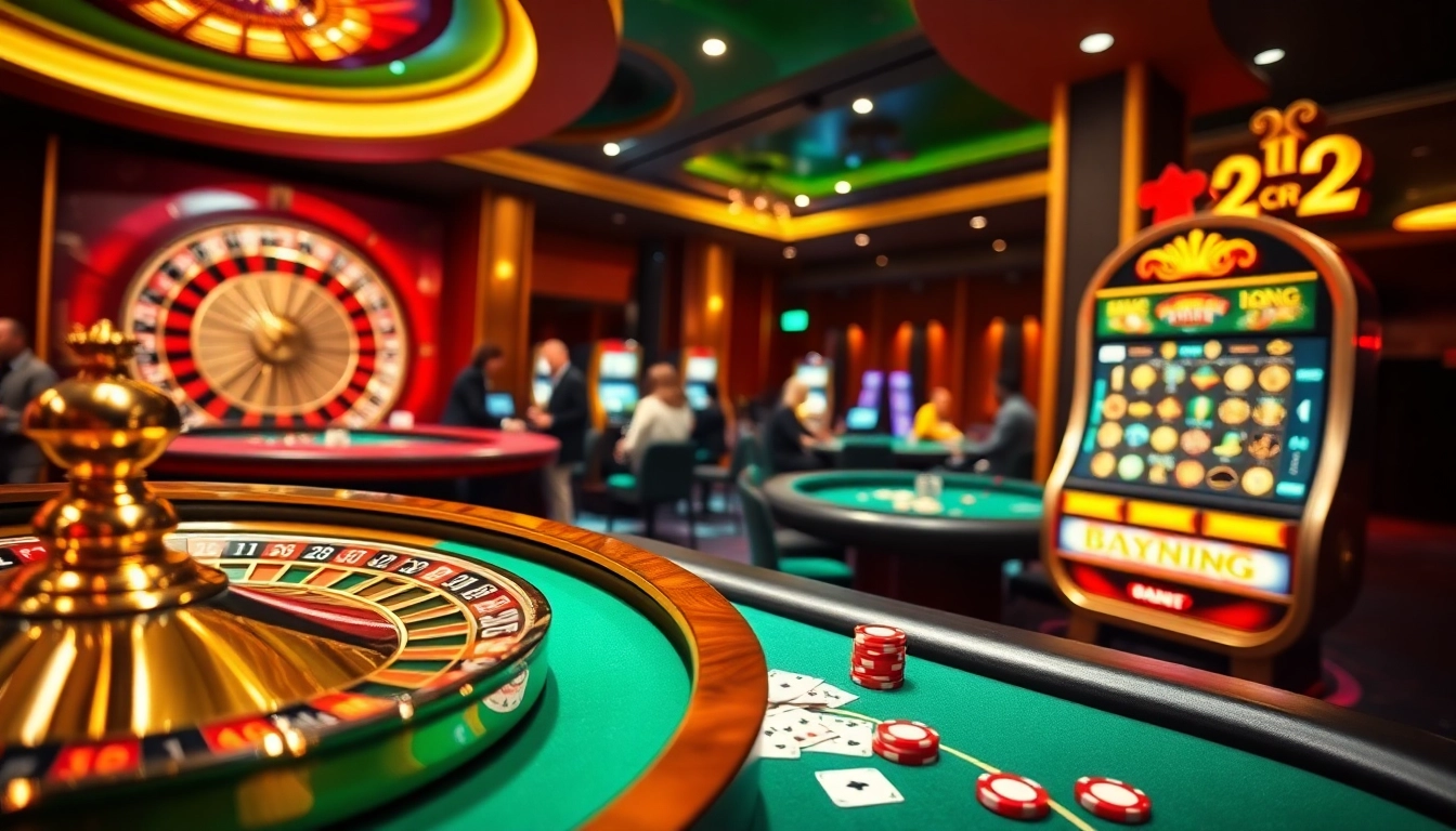 Players enjoying casino games at https://hello88app.com/, featuring a lively roulette wheel and poker table.