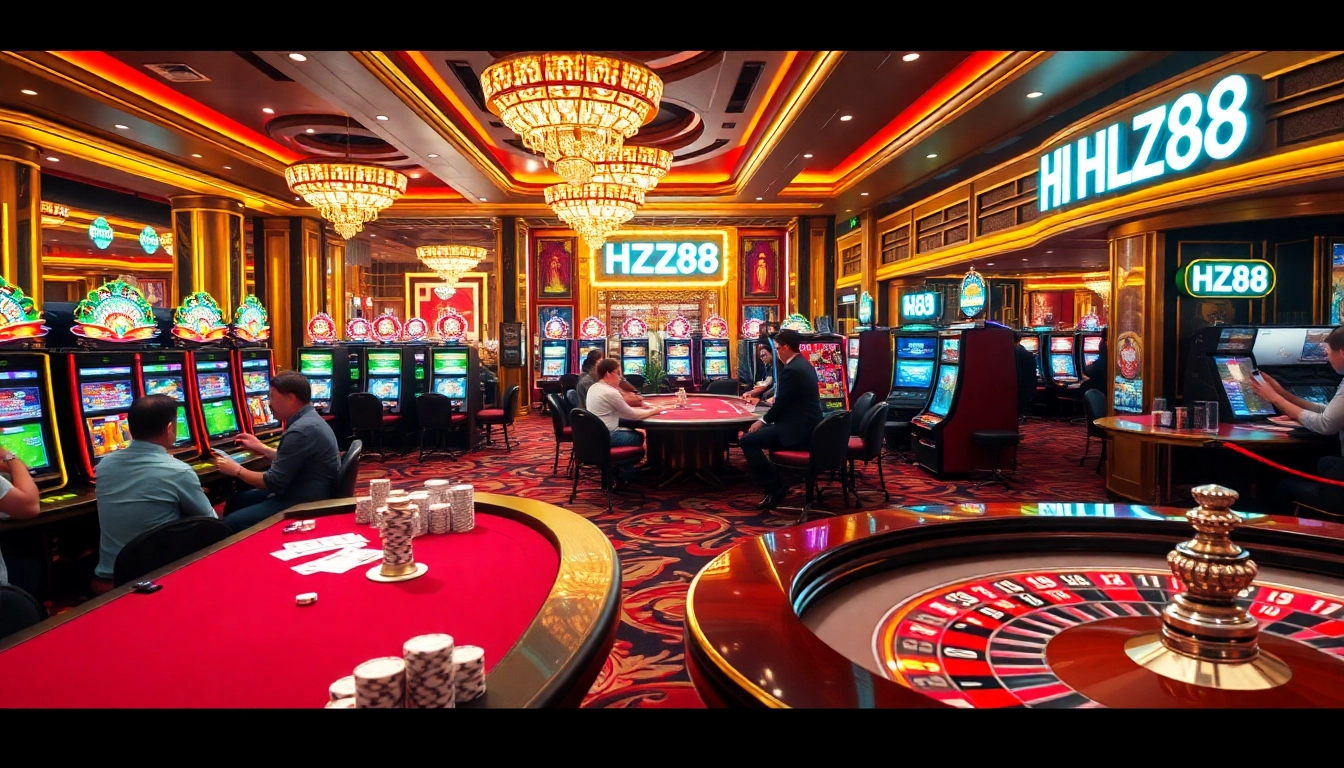 Exciting casino scene showcasing players at HZ88, engaging in poker and roulette fun.