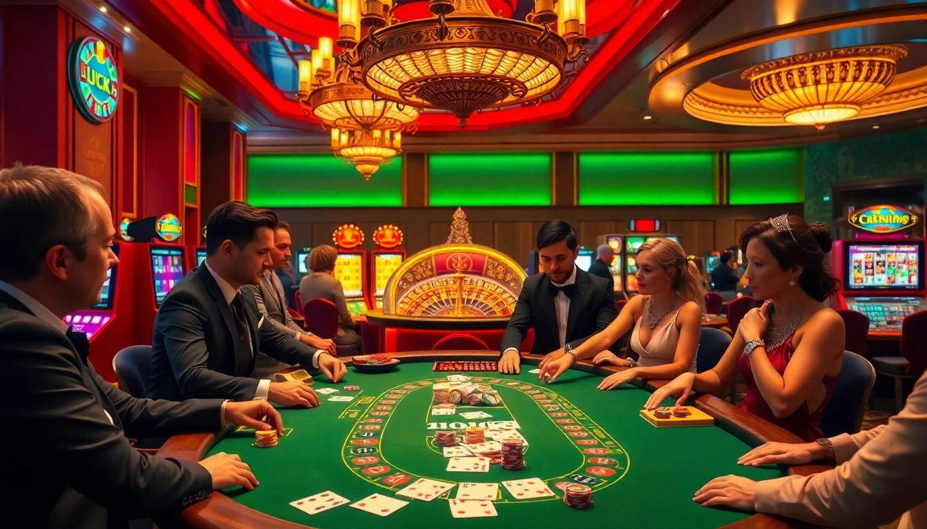 Players engaging in an exhilarating game of blackjack at a luxury casino featuring luck8-themed decor.