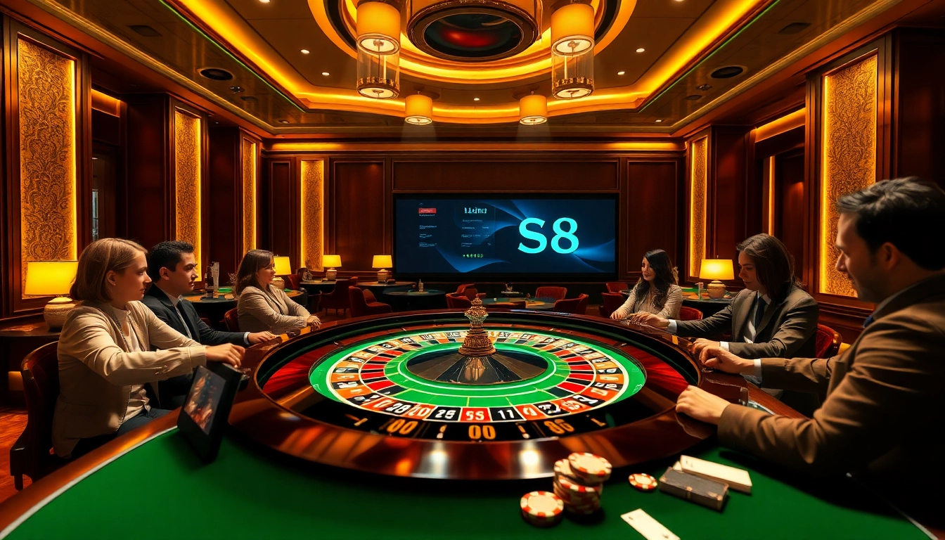 S8 showcases players enjoying an exciting game at a vibrant roulette table in a luxurious casino environment.