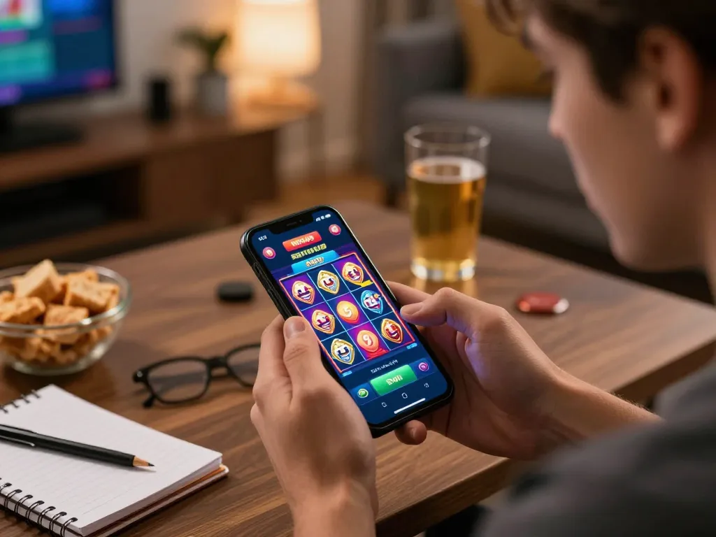 Player engaging with NOHU90 casino app on smartphone with vibrant slot game graphics
