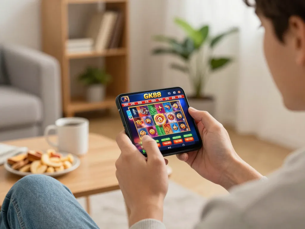 Player engaging with the GK88 app for online slots in a cozy home setting, showcasing interactive mobile gaming.