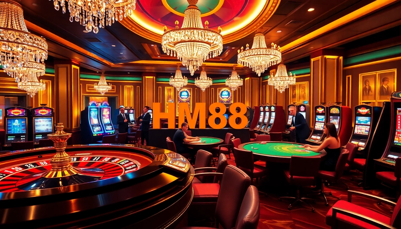 HM88 casino scene with roulette and poker tables, showcasing luxury and excitement.