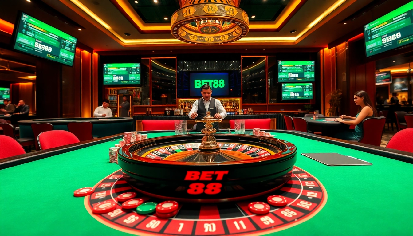 Exciting BET88 poker table scene highlighting vibrant gameplay and luxurious casino atmosphere.