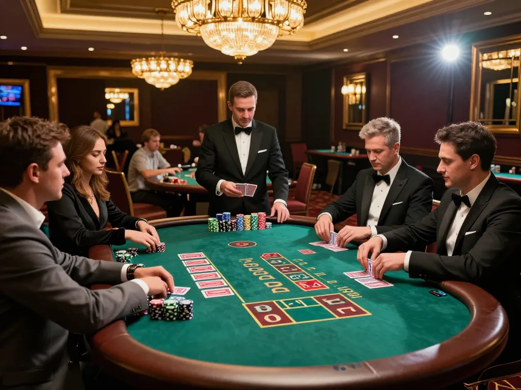 Engaged players strategizing at the baccarat table at FA88 casino, showcasing excitement and luxury.