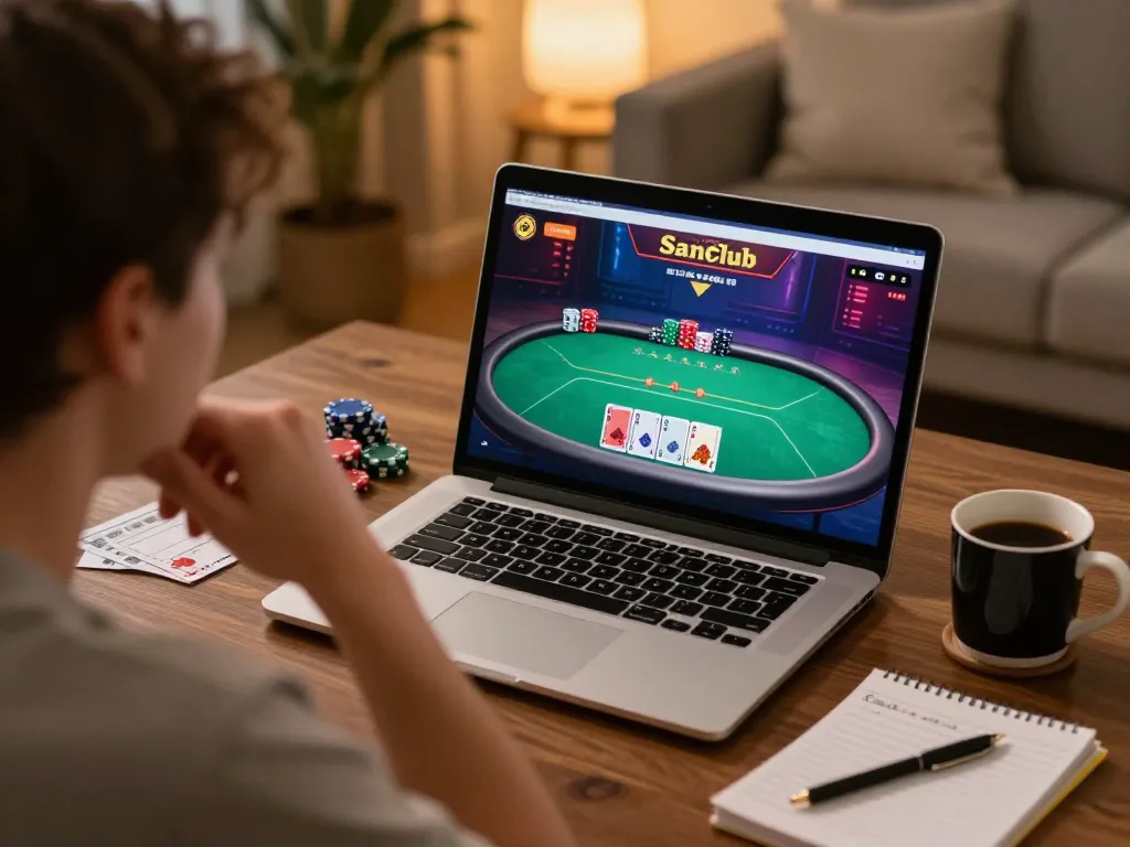 Player engaging with Sanclub poker game on laptop, showcasing strategy and immersion in gameplay.