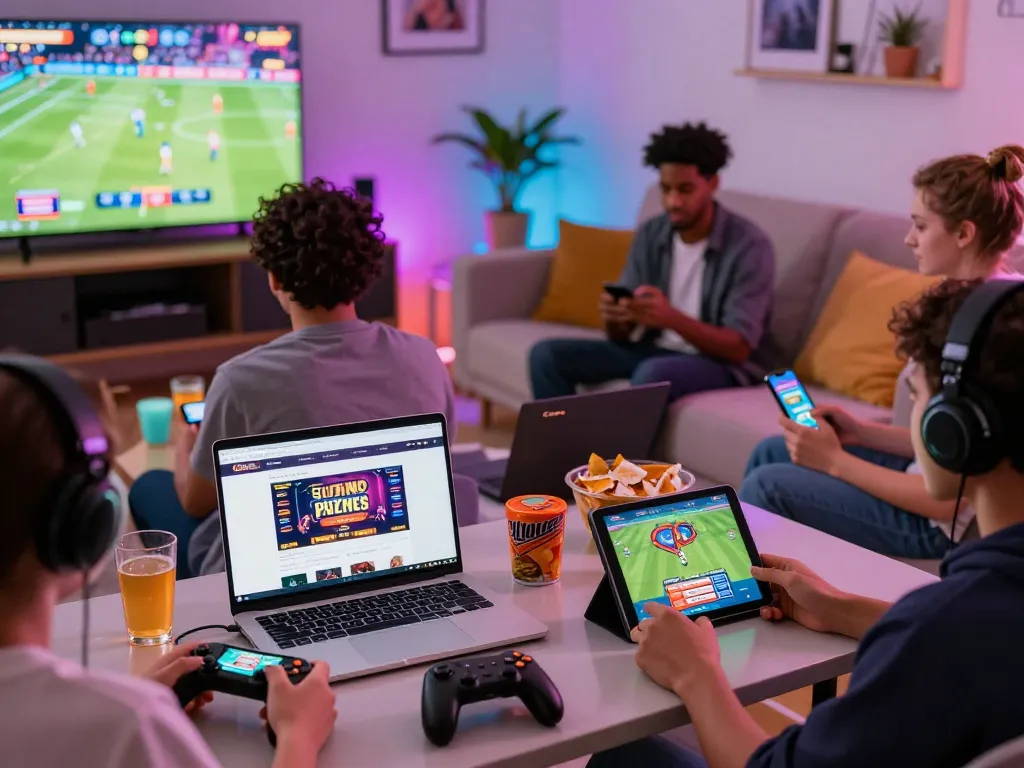 Engaged players exploring diverse games on devices at https://open88.supply/ in a vibrant, modern living room.