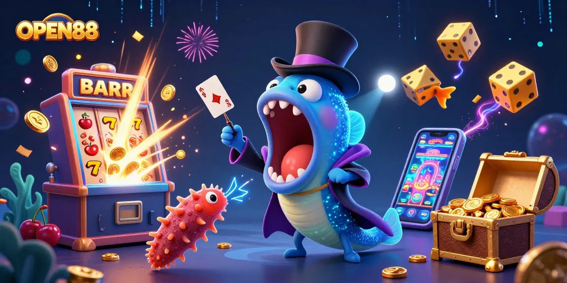 OPEN88 casino illustration featuring magical underwater characters performing tricks, emphasizing vibrant casino elements.