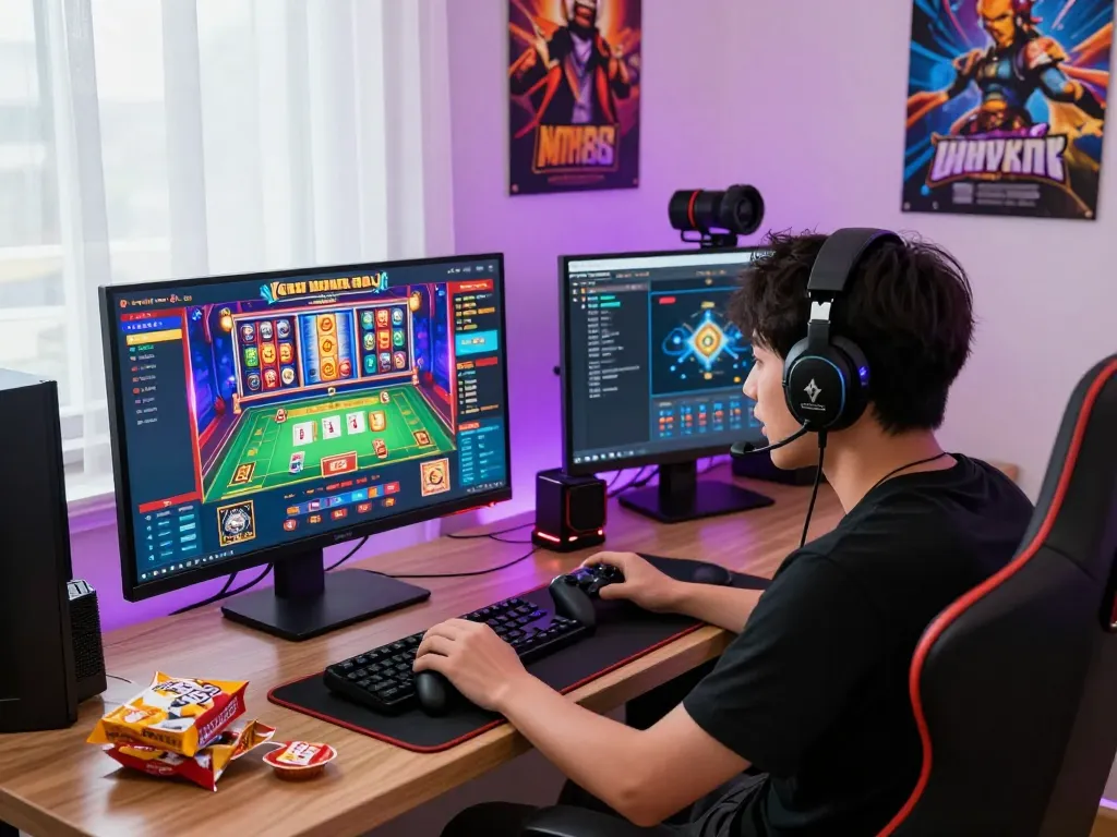 Engaging online gaming setup with a player enjoying MM88 casino games in a vibrant environment.