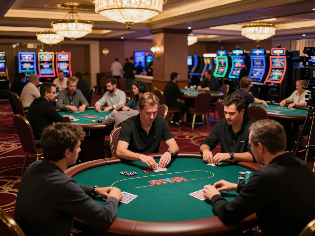 ZBET players strategizing during a high-stakes poker game in a luxury casino environment.