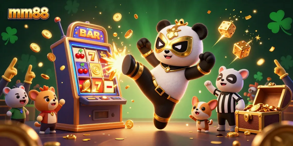 Spin and win at mm88 with a dynamic illustration of a panda wrestler and vibrant casino elements.