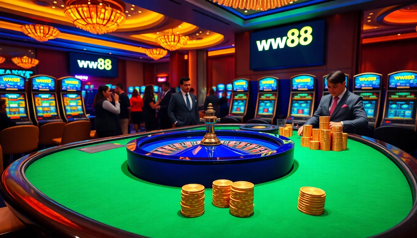 Experience thrilling gameplay at ww88 with a vibrant casino table and roulette wheel surrounded by eager players.