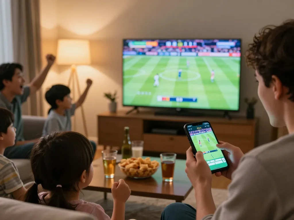 Engaged sports fan using the luongsontv app to place live bets during the game.