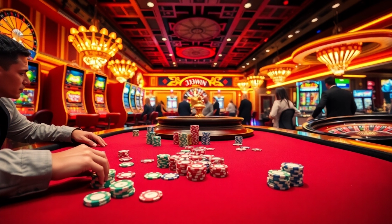 Engaging casino scene featuring 33WIN elements with poker tables and exciting gaming excitement.