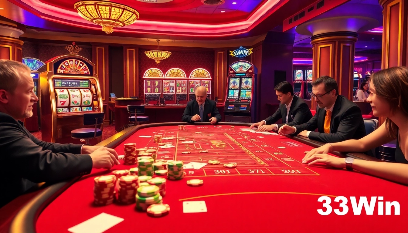 Exciting gambling scene at 33Win casino with vibrant gaming table, cards, and chips.