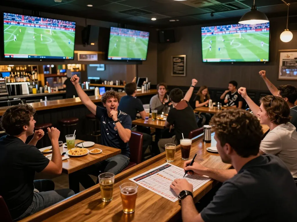 Fans eagerly watching ฟุตบอล matches at a vibrant sports bar filled with excitement.