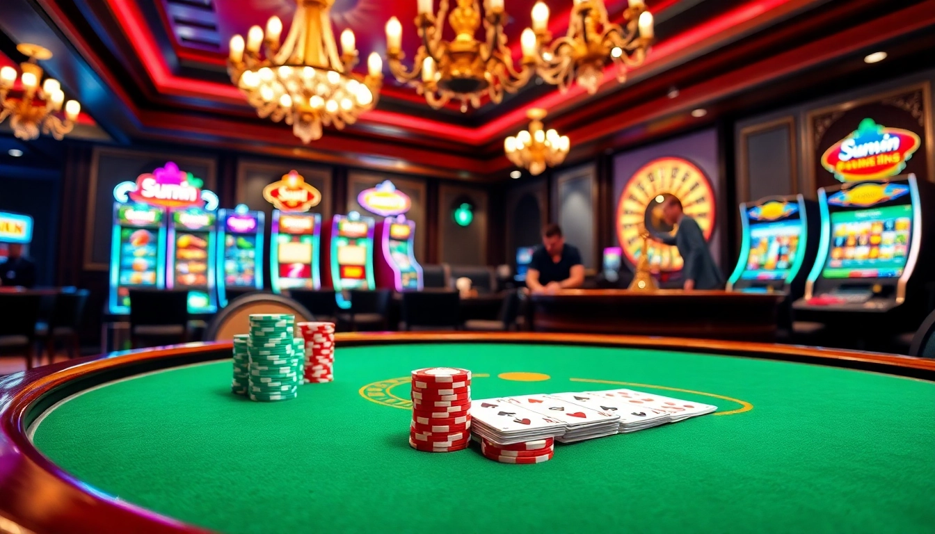 Players experiencing excitement at Sunwin casino tables with vibrant poker chips and games.