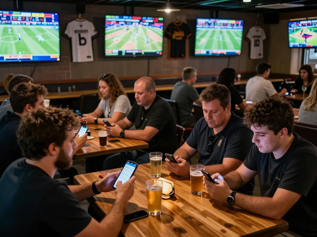 Engaging sports betting atmosphere with active cm88-yu players using smartphone apps, vibrant screens displaying live events.