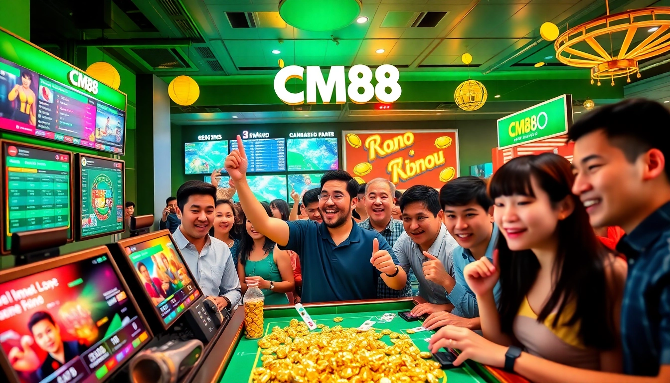 Dynamic CM88 online betting platform showing diverse gamblers engaging with casino games and sports betting.