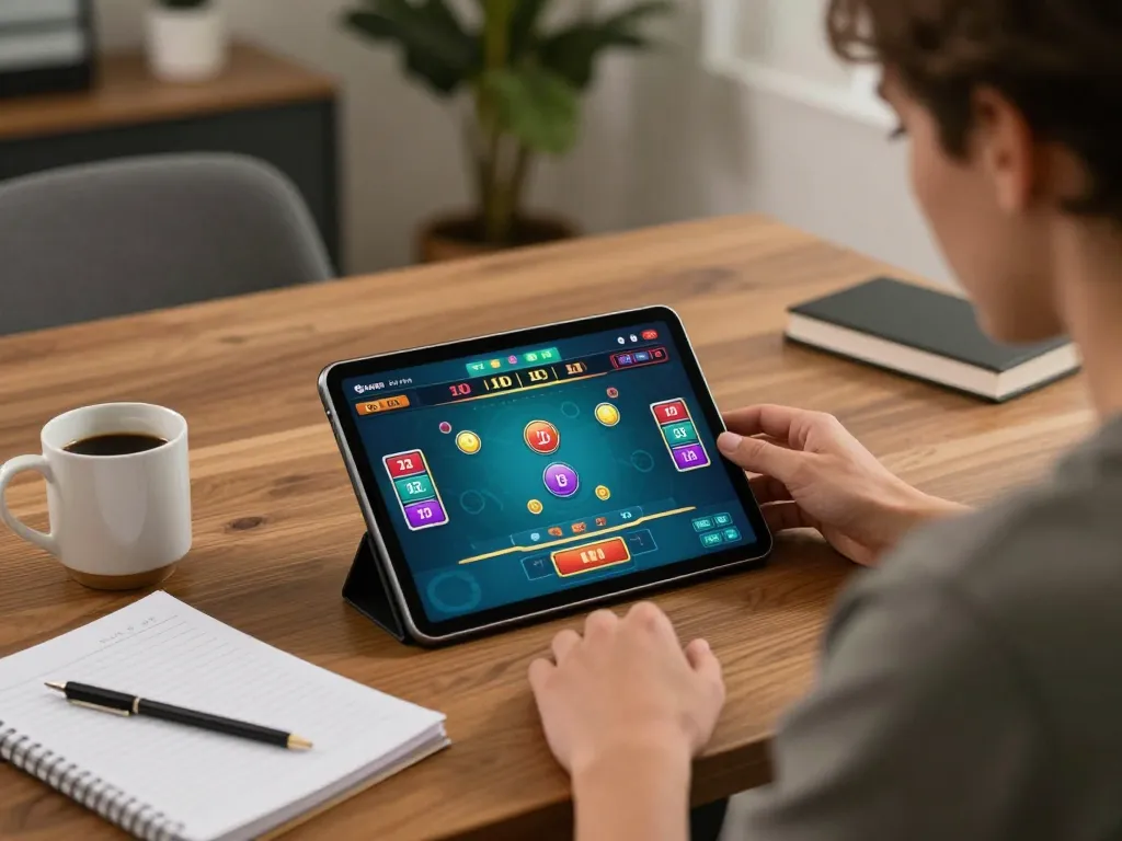 Person playing MM88 live dealer game on tablet, showcasing strategic gambling experience with vibrant interface