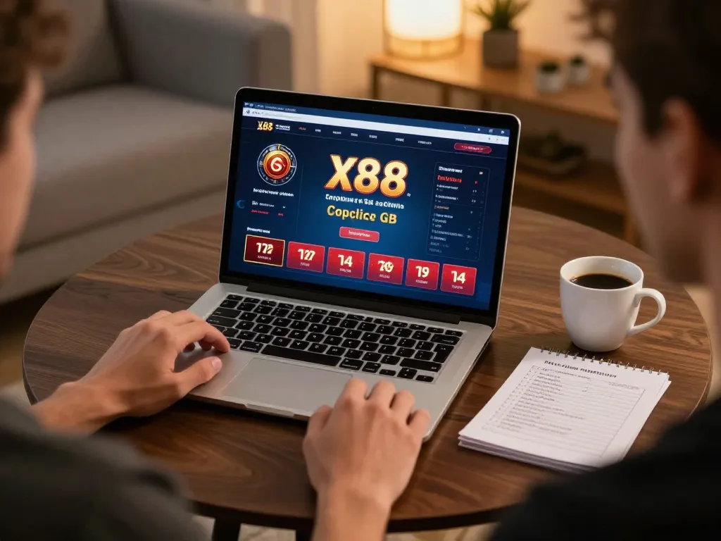 Player engaging with the x88 online casino platform, highlighting an immersive home gaming experience.