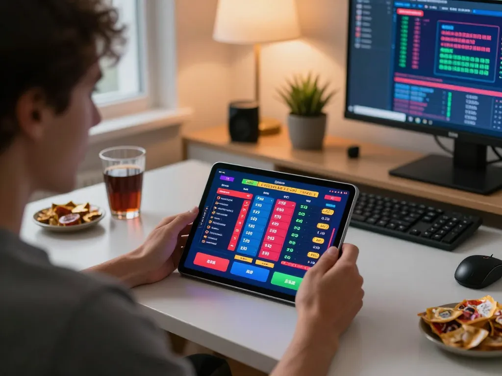Person engaged in sports betting on tablet with va88 odds displayed, showcasing excitement in a modern home office