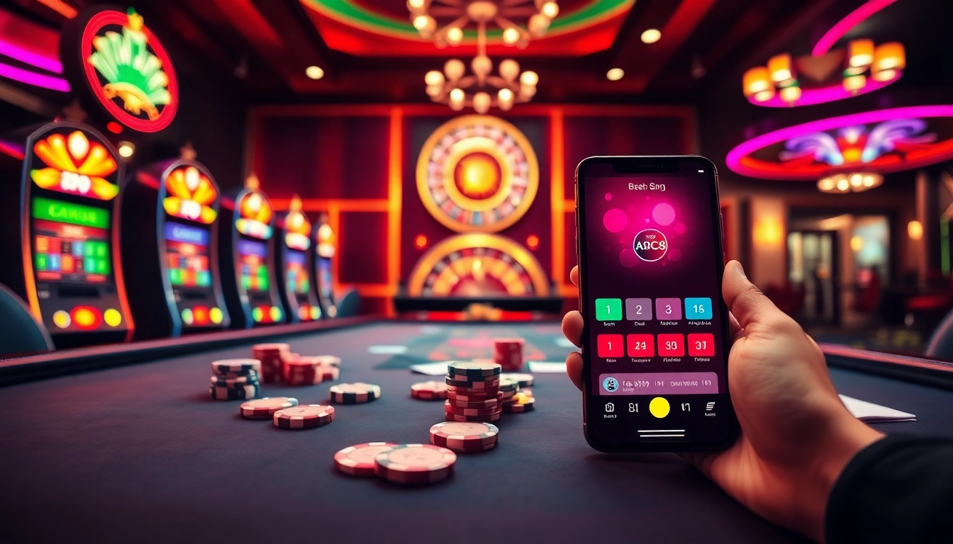 Experience excitement at ABC8 casino with vibrant tables, chips, and slot machines.