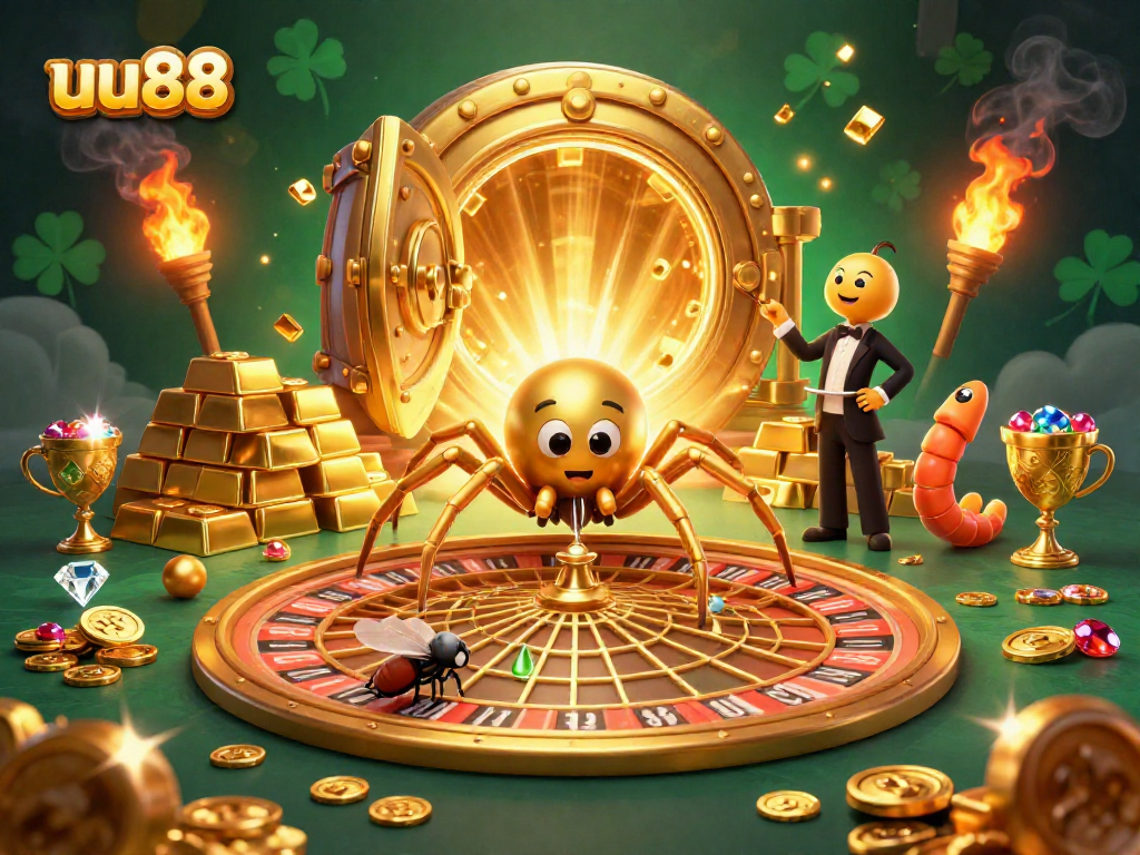uu88 showcases an exciting roulette-themed scene with golden spider and croupier.