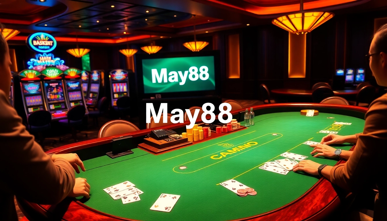 Players enjoy blackjack at May88 casino, surrounded by colorful chips and vibrant slot machines.