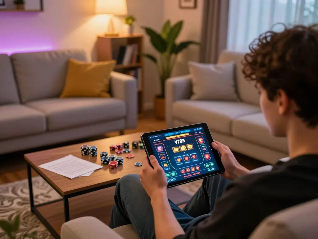 Engaging home gaming scene where a player uses the V788 platform to enhance online betting strategy.