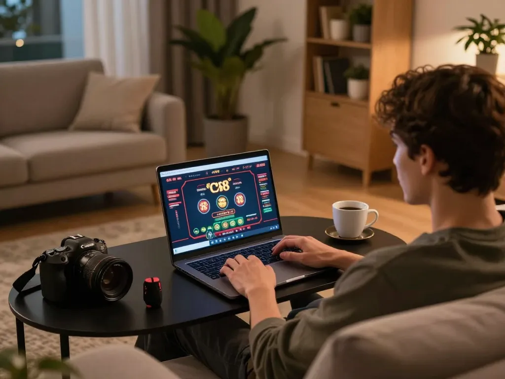 Engaged user enjoying co 88 online casino gaming experience at home with laptop setup.