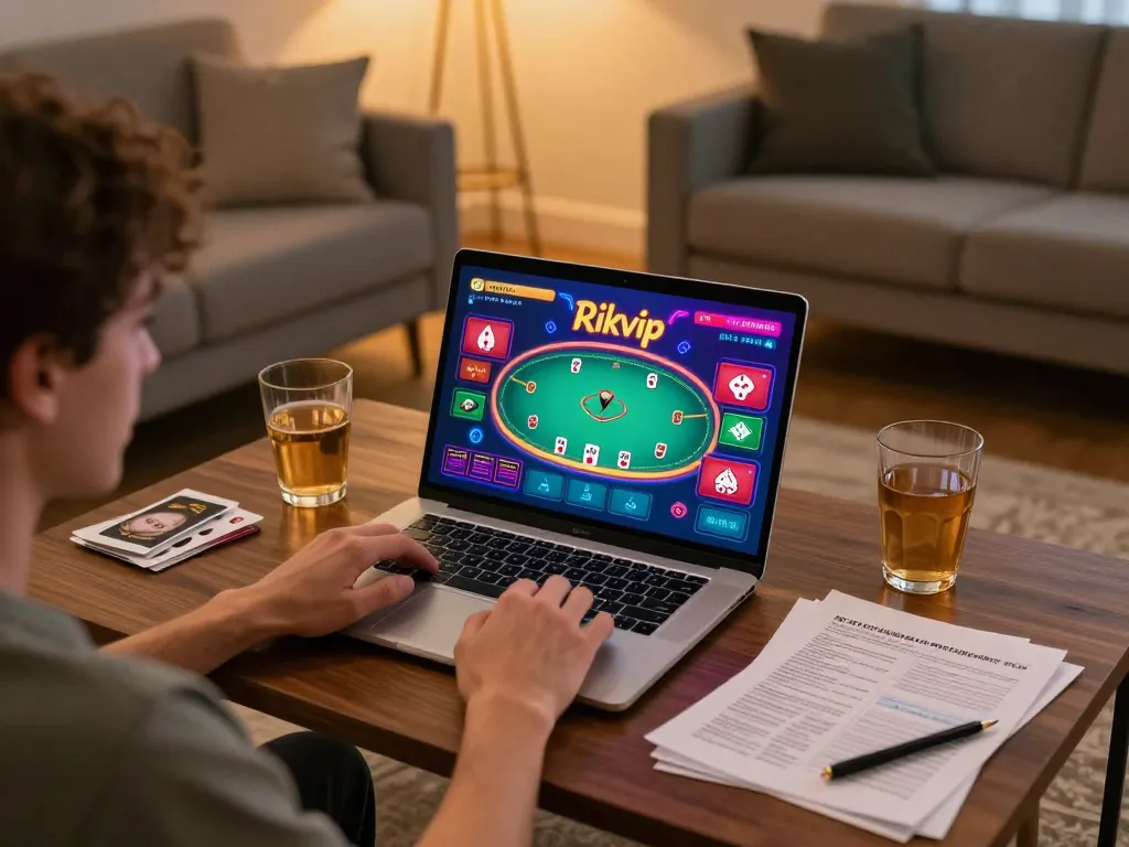 Engaged player experiencing the thrill of rikvip poker games on a laptop in a cozy home setting.
