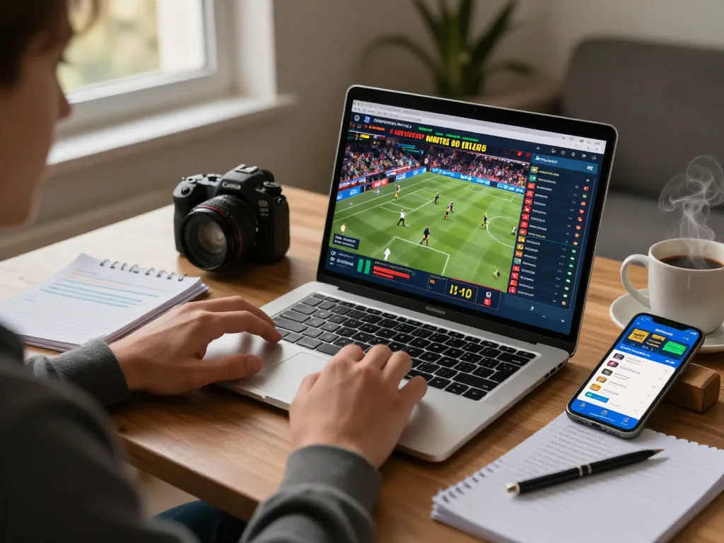 Engaging in sports betting with Bsport on a laptop in a cozy home environment.