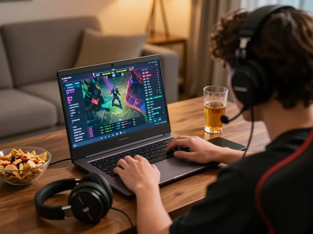 Engaged player analyzing esports betting odds on TR88 during a cozy home gaming session.