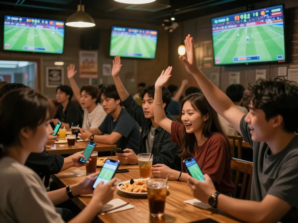 Engaged fans discussing their แทงบอล strategies in a vibrant sports bar during a football match.