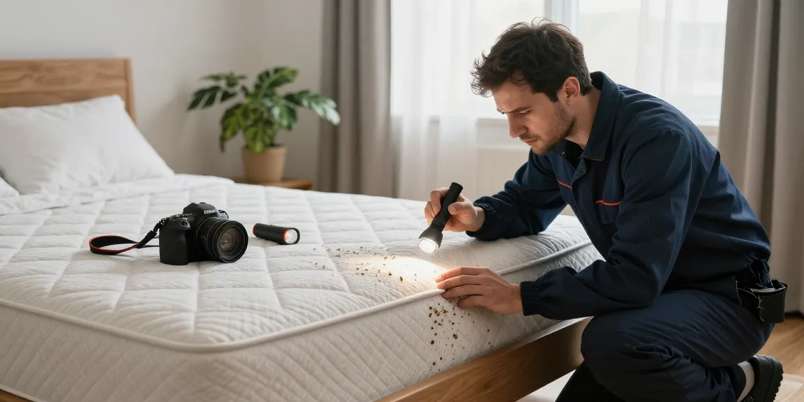 Bed bug pest control in action, exterminator inspecting mattress for infestation signs.